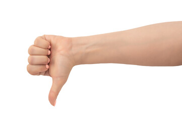 Woman hand thumb down sign isolated on white background. Hand shows a thumbs-down gesture. Close-up of female hand with a pink manicure gesture dislike, bad, disapproval isolated on white background