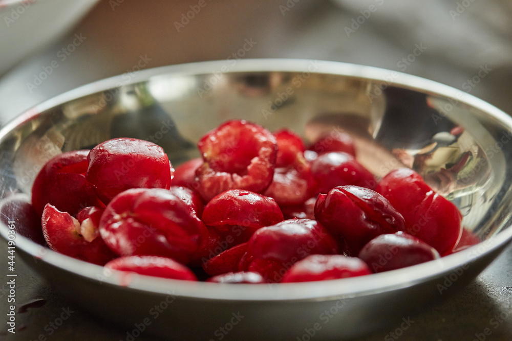 Canvas Prints Pitted cherries are ready in pie bowl. Step by step recipe