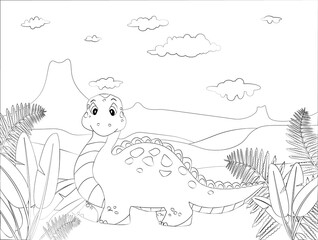Coloring book for children. Little cute dinosaur. The task for children can be used in a book, magazine.