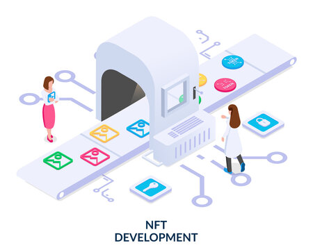 NFT development concept. People in front of the conveyor turn images into digital non-fungible tokens. Vector illustration in isometric style on white background