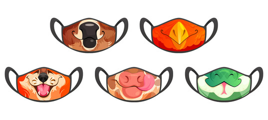 Medic masks with animal muzzles, cute cartoon cow, bull and eagle or fox and snake funny faces. Protective facial equipment against coronavirus infection or allergy, creative design, Vector templates