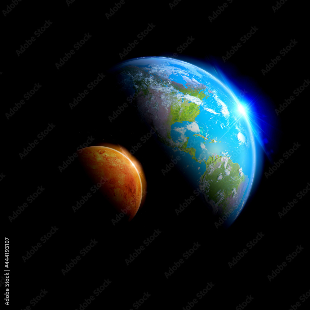 Wall mural earth mars observes the universe dark solar system atmosphere reflections 3d rendering