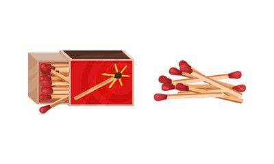 Matchbox and Match as Small Wooden Stick for Starting Fire Vector Set
