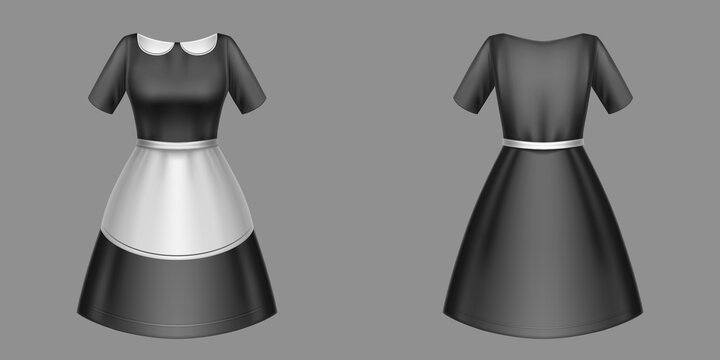 Maid uniform, black housemaid dress with white collar and apron front and rear view. Housekeeping service apparel for girls, Female cleaning service garment design, Realistic 3d vector illustration