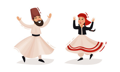Turkey Culture Traditional Symbols with Man and Woman Wearing National Clothing Vector Set