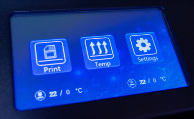 Close-up of blue modern touch screen of 3D printer.