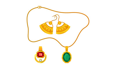 Jewellery or Jewelry Item as Personal Adornment with Earrings and Pendant Ornament Vector Set