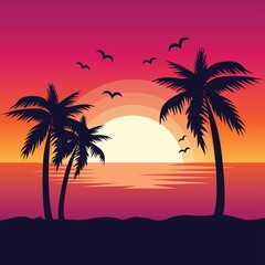 Evening on the beach with palm trees. An evening on the beach with palm trees. Colorful picture for rest.  Orange sunset in the blue sky.  Vector flat illustration