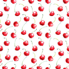 Obraz na płótnie Canvas Seamless pattern of watercolor single Cherries on the white background. Hand drawn bright texture, images of berry in sketch style
