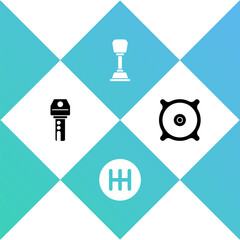 Set Car key with remote, Gear shifter, and audio speaker icon. Vector