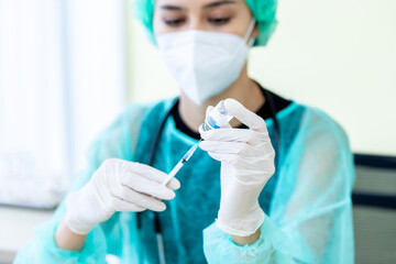 Doctor, woman nurse, scientist hand in white gloves holding bottle, syringe coronavirus, covid-19 vaccine disease preparing for a child, adult, man and woman vaccination shot medicine and drug concept