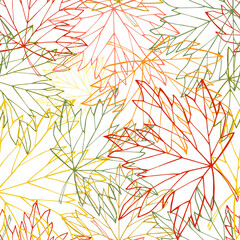Falling maple leaves seamless pattern. Colored acer foliage outline boundless background. Fall endless texture. Red, yellow and green autumn leaves cute colorful repeating surface design