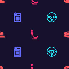 Set Steering wheel, Canister for gasoline, Car seat and Scotch tape on seamless pattern. Vector