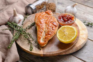 Plate with tasty chicken fillet on wooden background