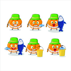 A fisherman orange dorayaki cartoon picture catch a big fish. Vector illustration