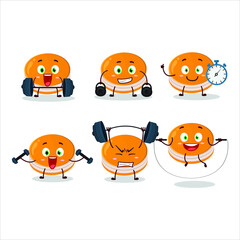 A healthy orange dorayaki cartoon style trying some tools on Fitness center. Vector illustration