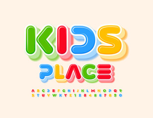Vector bright poster Kids Place. 3D abstract Font. Childish colorful Alphabet Letters and Numbers set