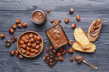Composition with tasty chocolate paste and hazelnuts on dark wooden background