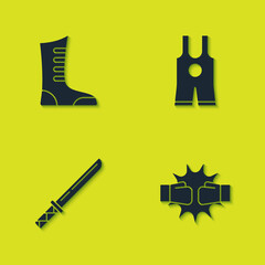 Set Sport boxing shoes, Punch gloves, Japanese katana and Wrestling singlet icon. Vector
