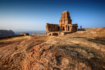 View of Upper Shivalaya on the top of northern rocky hill in Badami, Karnataka, India.