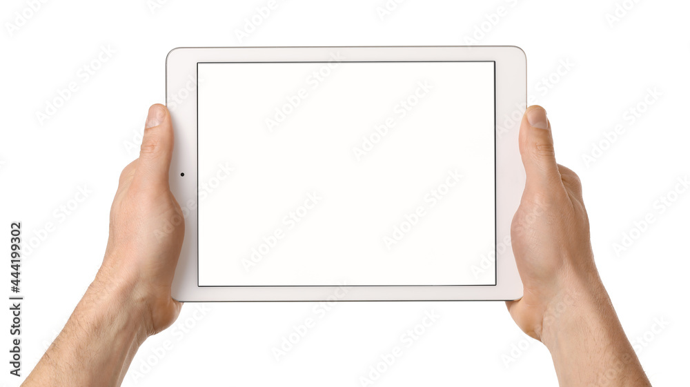 Wall mural man with tablet computer on white background