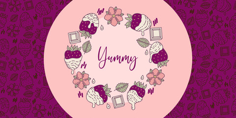 White Chocolate strawberry label frame. Berry, flowers and leaves. Graphic hand drawn flat style. Doodle illustration for packaging, menu cards, posters, prints.