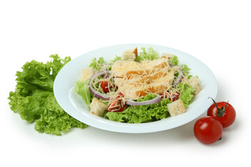 Plate with Caesar salad isolated on white background