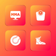 Set Fight club MMA, Bathroom scales, Tennis ball and Sport boxing shoes icon. Vector