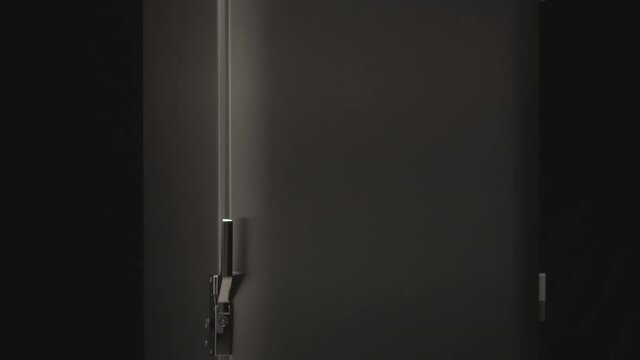 Closing of large doors of elegant contemporary beige domestic refrigerator standing on black background slow motion