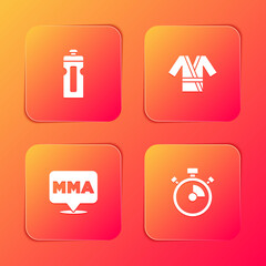 Set Fitness shaker, Japanese costume Kimono, Fight club MMA and Stopwatch icon. Vector