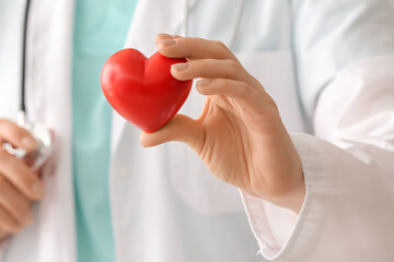 Female cardiologist with red heart, closeup