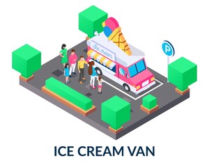 Queue to the ice cream van of people of different genders and ages. Mobile food truck, fast food, business on wheels concept. Vector illustration in isometric style on white background 