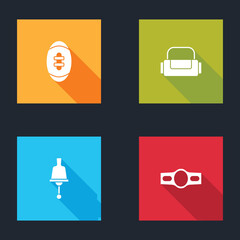 Set American Football ball, Sport bag, Ringing bell and Boxing belt icon. Vector