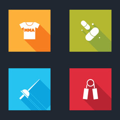 Set T-shirt with fight club MMA, Vitamin pill, Fencing and Sport expander icon. Vector
