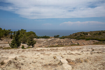 beautiful panoramic sea view from the ancient city of Kamiros in Rhodes, Greece,