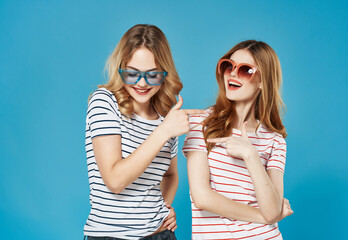 funny girlfriends in striped t-shirt black glasses emotions message