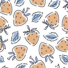 Strawberry seamless pattern on a white background. Hand-drawn background with leaves and spots. Vector illustration