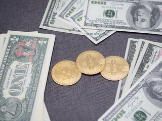 Golden bitcoin with money around digital money concept,Crypto money bitcoin with A lot of money bill