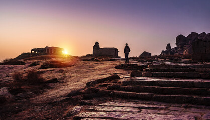 Beautiful ancient architecture of temples on Hemakuta Hill, Hampi, Karnataka, India.