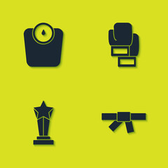 Set Bathroom scales, Black karate belt, Award cup and Boxing glove icon. Vector