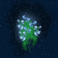 A bouquet of blue abstract flowers on a dark blue background in digital spray art technique 