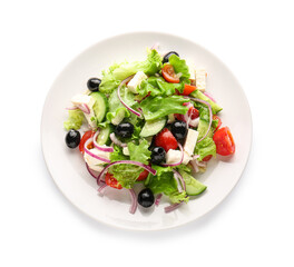 Plate with tasty Greek salad on white background