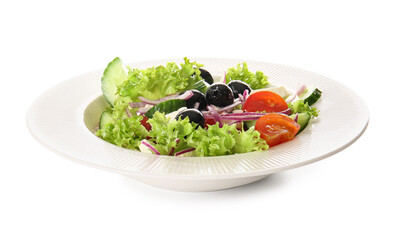 Plate with tasty Greek salad on white background