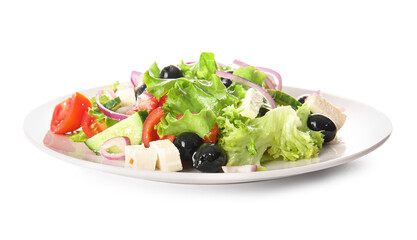 Plate with tasty Greek salad on white background