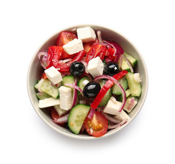 Bowl with tasty Greek salad on white background