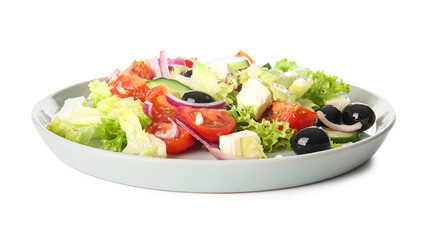 Bowl with tasty Greek salad on white background