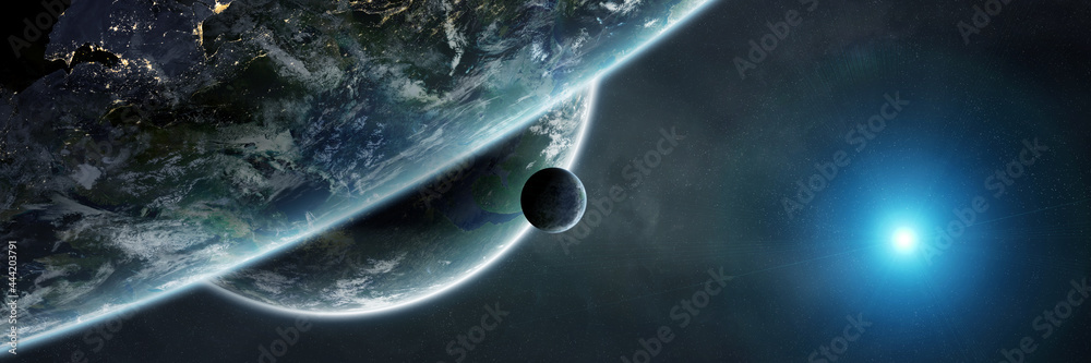 Poster Panoramic space planets background. Panorama of distant solar system with exoplanets 3D rendering elements of this image furnished by NASA
