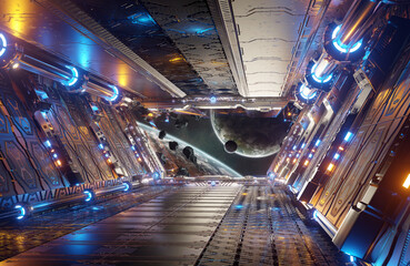 Orange and blue futuristic spaceship interior with window view on distant planets system 3d rendering