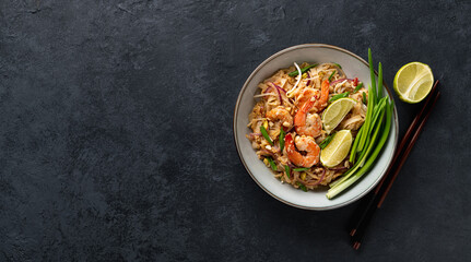 Pad Thai with shrimp on a dark stone background, top view, copy space