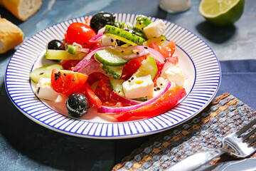Plate with tasty Greek salad on color background